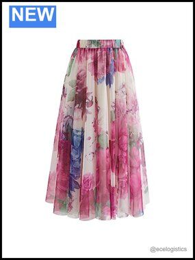 Chicwish Double-Layered Mesh Tulle Skirt Floral Print High Rise Full Skirt